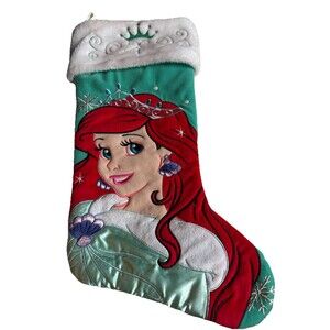 DISNEY PRINCESS CHRISTMAS STOCKING~ARIEL~LITTLE MERMAID~Green PLUSH FABRIC~ 16”